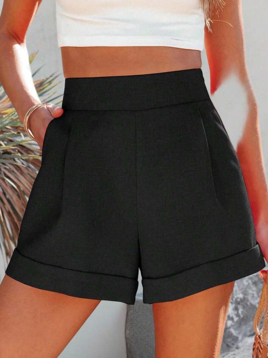 Women High Waisted Wide Leg Bermuda Shorts Summer Casual Lightweight Workwear With Pockets - màu đen - Xem 1