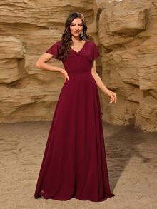 V-Neck Classic Elegant Chiffon Shawl, Suitable For Bridesmaids, Birthday, Wedding Guests, Prom, Graduation Ceremony, Formal Dinner And Other Occasions - Burgundy - View 6