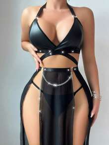 3 pièces Ensemble de lingerie sexy femme robe maxi fendue en maille avec sangle métallique en cuir verni noir, convient pour la maison, les fêtes privées ou les sorties en boîte de nuit - Noir - Voir 2