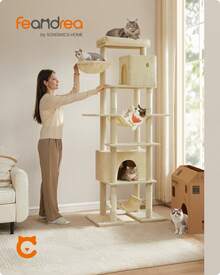 Feandrea XXL Tall Cat Tree, Multi-Level Tower With 4 Scratching Posts, 2 Hammocks, Perch, 2 Cat Caves, Anti-Tip Kit, Beige - Light Card Color - View 2