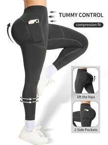 Three-Piece Set Of Plus-Size Women's High-Waisted Yoga Pants With Side Pockets, High-Elastic Belt, Abdominal Control, Anti-Squat, Quick-Drying Compression Leggings, Suitable For Pilates Workouts In The Gym - 黑色+灰色+棕色 - 查看 7