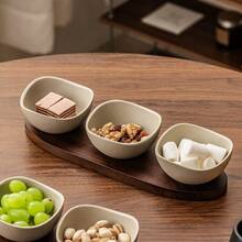 2/3/4 Compartment Rustic Ceramic Fruit Plate With Rosewood Tray, Snack Nut Serving Platter, Cake Slice & Fruit Display Plate, Suitable For Home, Restaurant, Birthday, Party - Stoneware+Brown - View 9