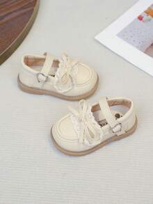 1 Pair Beige Bow Decor Cute Fashionable Pearl Design Soft Bottom Flat Toddler Shoes, Suitable For Spring, Summer, Autumn, Winter (Size 16-20, Recommend Ordering One Size Down)