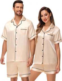 Matching Silk Satin Pajamas Set For Couple Short Sleeve Sleepwear For Women&Men 2pcs Pjs Set Button-Down Nightwear Sethalloween - 香檳色 - 查看 4