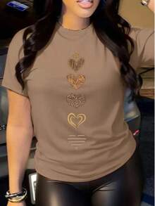 Camiseta Manga Corta Cuello Redondo semi-transparente ,Estampado Corazones Caja de galletas Mujer - Café - Ver 1