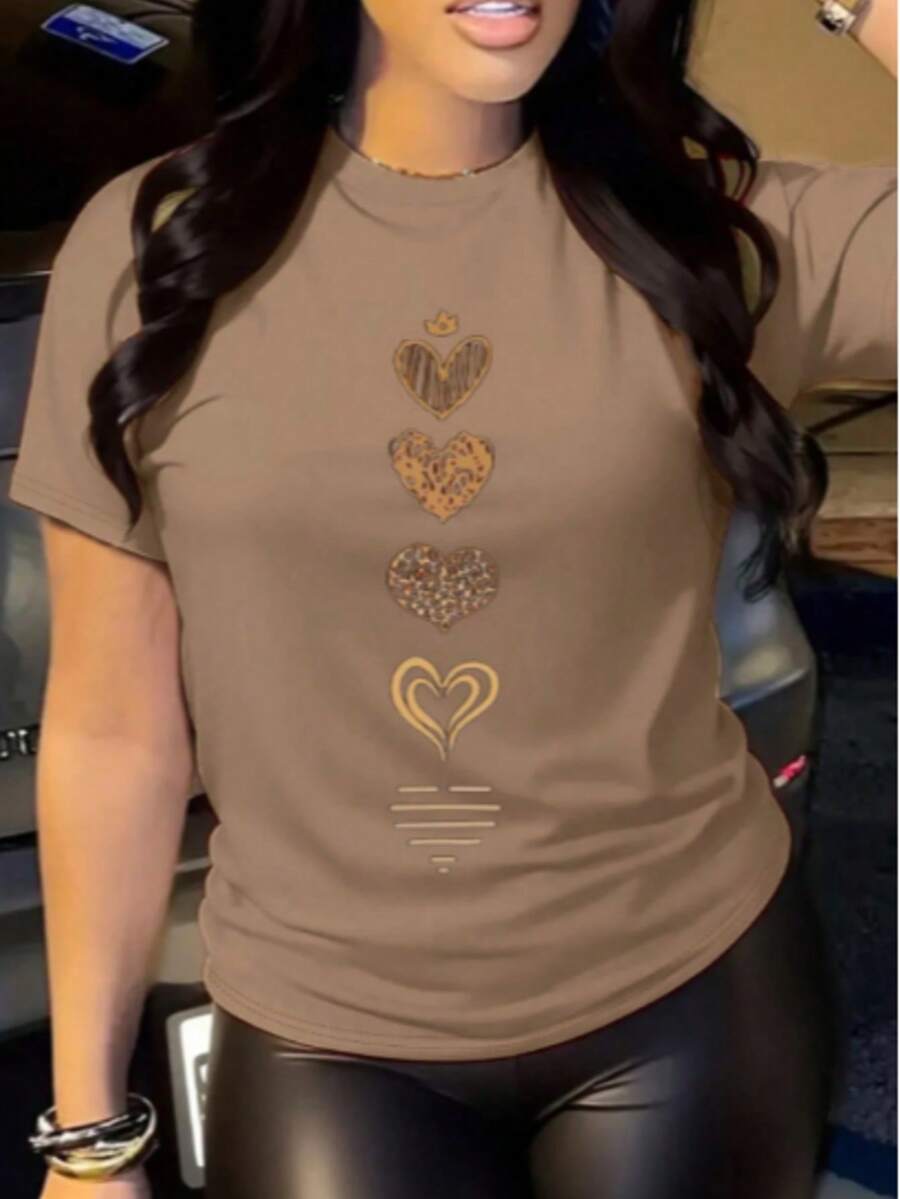 Camiseta Manga Corta Cuello Redondo semi-transparente ,Estampado Corazones Caja de galletas Mujer - Café - Ver 1