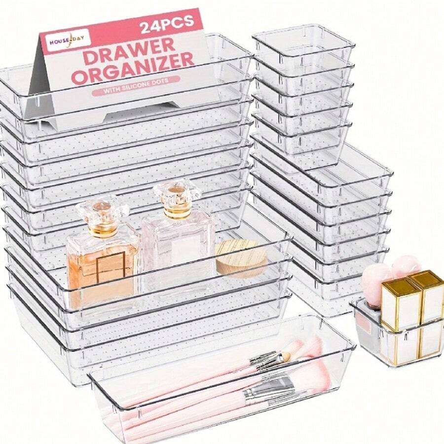 24pcs Clear Plastic Organizer, Acrylic Organizers For Desk, Kitchen Drawer Organizer And Cosmetics Containers, Make Up Organizers For Vanity, Junk Drawer, Vanity Organizer And Brush Holder, Desk & Drawer Organizer For Home Storage - 白色 - 查看 1
