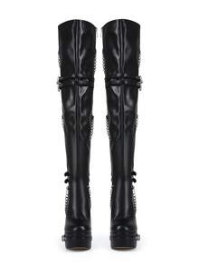 Women's Thick Sole Chunky Heel Lace-Up Rivet Decor Over-The-Knee Boots, Suitable For Daily Shopping And Winter Gatherings