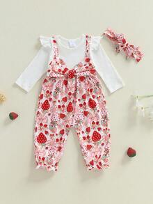 Baby Girl Fall Outfits Fake Two Piece Strawberry Print Crew Neck Long Sleeve Romper And Bow Headband 2 Pcs Set - Đỏ - Xem 3