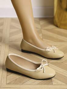 European & American Fashion Solid Color Ballet Bowknot Flat Shoes, Outdoor Spring/Autumn Ladies Flat Slip-On Soft Leather Soft Sole Shoes