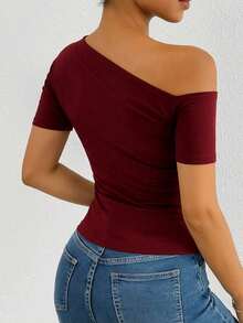 Supex Mesh T-Shirt Blouse With Asymmetrical Short Sleeves For Summer, Ideal For Casual, Comfortable And Elegant Use - Màu Đỏ Sâu - Xem 2