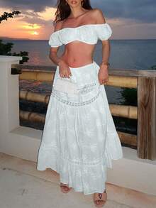 Vacation Style Off Shoulder Crop Top And High Waist Mini Skirt Set - White - View 6