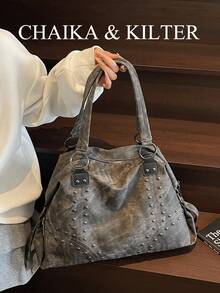 CHAIKA & KILTER 1pc Solid Color PU Fabric Shoulder Bag, Women's Vintage Casual Large Capacity Tote Bag, College Student Book Bag, Stitching Rivet Decor Dual Handle Design, Zipper Closure, Suitable For Daily Shopping, New Arrival Tote Bags For Woman , Office Bag
