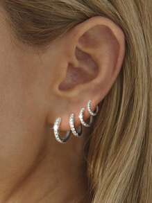 8 件套女士银质环形耳环套装，厚实银质环形耳环，铜质方晶锆石，防过敏小号耳环，小巧银质厚环形耳环，可叠戴，适合多个耳洞 - 銀色 - 查看 2