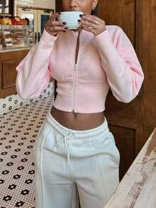 Damen Herbst und Winter einfarbige Reißverschluss Langarm Jacke, lässige, einfache Mode-Outfits für Frauen, Regular Fit Einfarbige Damenjacken, geeignet für den täglichen Gebrauch