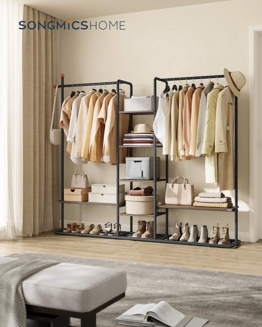 SONGMICS HOME Clothes Rail, Clothes Rack With Shoe Shelf, Heavy-Duty Storage Rack, 6 Storage Shelves, 2 Hanging Rails, Matchstick-Shaped Hooks, Natural Walnut And Ink Black - Black - View 1