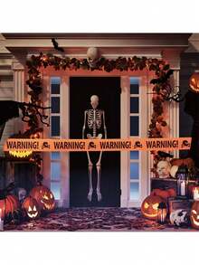 2 buc bandă de avertizare portocalie cu craniu de pirat pentru decorațiuni de Halloween, bandă de avertizare pentru decor de petrecere înfricoșătoare