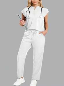 cimmuovere Conjunto de uniforme de top holgado sin mangas de cuello alto y pantalones con múltiples bolsillos prácticos para tallas grandes - Blanco - Ver 3