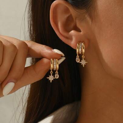 2pcs Copper Zirconia Octagram Pendant Earrings, Gold & Silver Color, Suitable For Women's Daily, Party, Date, Holiday Wear
