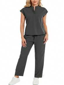 cimmuovere Stand Collar Sleeveless Loose Top And Practical Multi-Pocket Pants Uniform Set