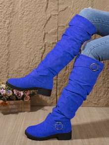 Mid Autumn/Winter Suede Pile Boots Women's Western Cowboy Boots Women's Retro Boots New Knight Boots Retro Flat Western Belt Buckle Boots - Màu xanh lam - Xem 4