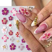 5D Embossed Hibiscus Nail Art Stickers With Gold Beads Self Adhesive Clear Floral Designs Autumn Flower Decals For Women Girls Manicure Art