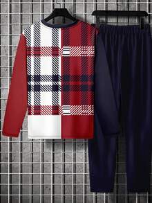 Men's Patchwork Contrast Plaid Long Sleeve T-Shirt And Pants Set - Multicolor - View 2