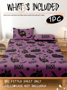 1 pieza Sábana ajustable con estampado de calabaza y gatito, suave y transpirable, diseño de bolsillo profundo, protector de colchón transpirable y anti-pelusas, a prueba de polvo y antideslizante para todas las estaciones, se ajusta a colchones de tamaño individual/doble/queen/king, lavable a máquina