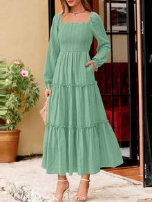 PRETTYGARDEN Women Elegant  Maxi Dresses For Fall Boho Long Sleeve Smocked A Line Ruffle  Wedding Guest Holiday Party Long Dress With Pockets New Years Valentine Vacation Spring Dresses For Women Vestidos Elegantes De Mujer - 灰綠色 - 查看 4
