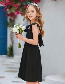 Girls' Summer Dress - Square Neck & Ruffle Sleeve A-Line Swing Dress| Tie-Back Midi Casual Dress With Pockets| Lightweight & Breezy Outfit - 黑色 - 查看 3