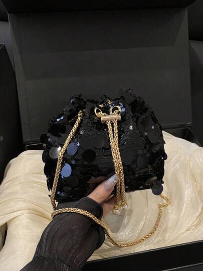 1 buc. Geantă de umăr cu paiete strălucitoare din PVC, cu închidere cu șnur și lanț, decorată cu metal și perle, sclipici colorat, pentru femei, pentru petreceri de seară, cadou la modă, potrivită pentru petreceri și ocazii formale (Proprietățile fizice ale articolului pot produce sunete ușoare, vă rugăm să achiziționați după cum este necesar)