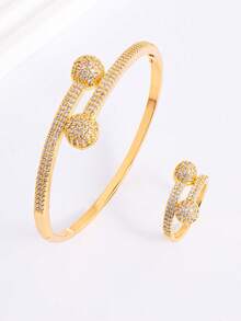 1 件 18k 镀金时尚女士蜂巢几何菱形开口手镯 - 金色 - 查看 9