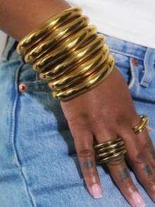 6Pcs Chunky Wheels Metal Cuff Bangles Bracelets Set , Women Bracelets Set , Stacked Bangles Jewelry For Women , Chunky Wheels Cuffs Bangle Set - 金黃色 - 查看 12