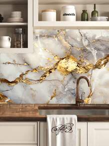 1 Roll Waterproof, Oil-Resistant, Heat-Resistant Marble Pattern Wallpaper/Sticker, Suitable For Kitchen Stove, Countertop Splash Guard, Table And Cabinet Protection - Gold - View 4