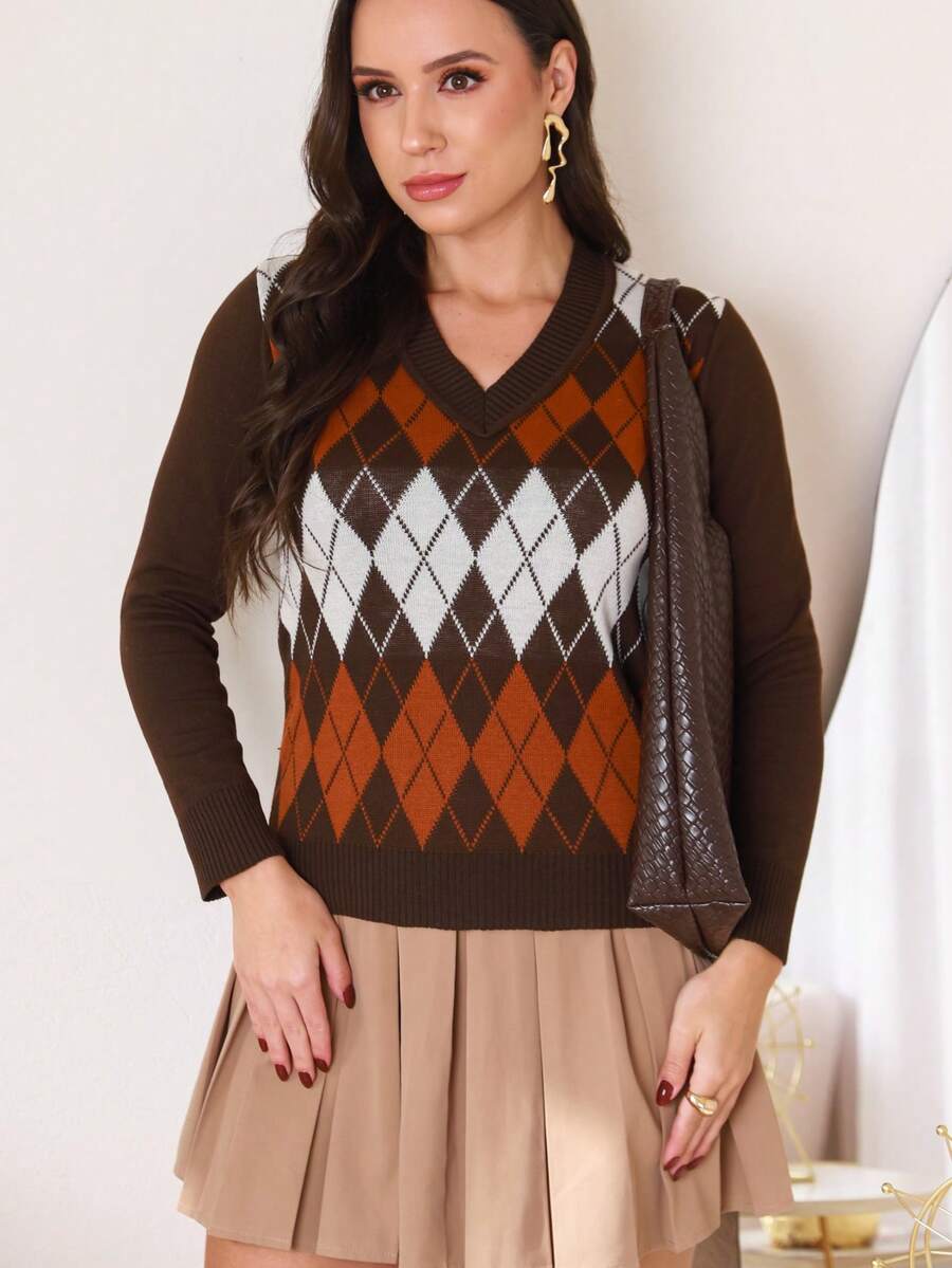 Women's Blouse, Scottish Plaid Knit Sweater, V-Neck Knit - Rust Brown - View 1