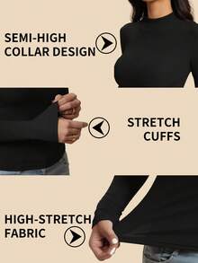 1 peça, blusa de manga comprida com forro térmico, gola falsa, cor sólida, casual, slim fit, versátil, adequada para agasalhos, esportes, ioga - Preto - Ver 6