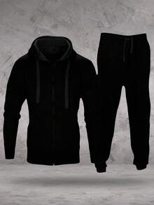 LoveMyFashions Men's 2pcs Set Tracksuit Full Sleeve Solid Color Drawstring Waist Zip Up Hoodie & Sweatpants Two Pieces Set With Pockets - Black - View 5