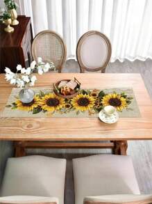 1 buc. Față de masă rustică cu model de floarea-soarelui - Design floral galben vibrant pe fundal bej, Material textil din poliester, Perfect pentru mese de sufragerie, măsuțe de cafea și decor pentru casă, Utilizare în toate anotimpurile, Decor de bucătărie cu model de floarea-soarelui (13x35.4/47.2/63/72/78.7 inci), Decor de toamnă, Decor de toamnă, Decor de cameră