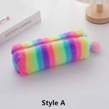Gradient Color Cute Girl Plush Octagonal Pencil Case, Simple Student Stationery Storage Bag