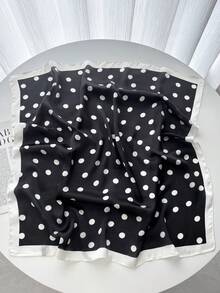 1条70*70厘米方形真丝围巾，女士缎面印花头巾，颈巾，发带，时尚女士披肩，围巾 - 黑波點 - 查看 2