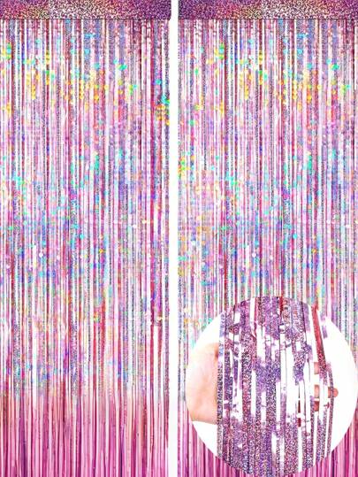 2pcs Silver Foil Fringe Curtains, Shiny Metallic Pink Background, Suitable For Decorating Birthday, Wedding, Party, 70s, 80s, 90s Disco Theme, Bachelorette Party, Rainbow Party, Winter Christmas Decor