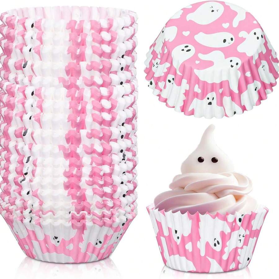 50/100pcs Halloween Pink Ghost Cupcake Liners, Heat-Resistant Cake Cups, Grease-Proof Baking Cups, Cupcake Wrappers For Halloween Party Cakes And Desserts - Pink - View 1
