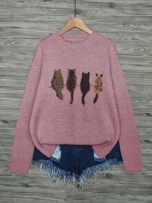 Áo len chui đầu dệt kim rộng rãi họa tiết mèo Colorblock - Màu tím - Xem 2