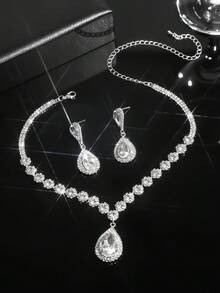 復古宮廷閃爍水晶鑽石項鍊耳環套裝，婚禮派對珠寶3合1 - 銀色 - 查看 8