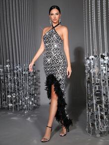 Váy Maxi hở lưng đính hạt sequin cổ yếm sang trọng dành cho nữ có viền lông vũ – Váy dạ hội lưới xẻ cao gợi cảm cho tiệc tùng, đám cưới, vũ hội - màu đen - Xem 6
