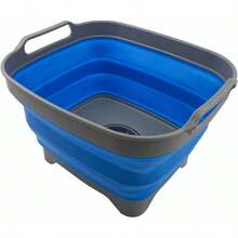 7.5L 2 Gallons Collapsible Plastic Dishpan With Draining Plug - Portable Washing Basin - Foldable Dish Washing Tub - Up Saving Washed Black+Coral Pink, 2 - 灰色/藍色 + 1 - 查看 1