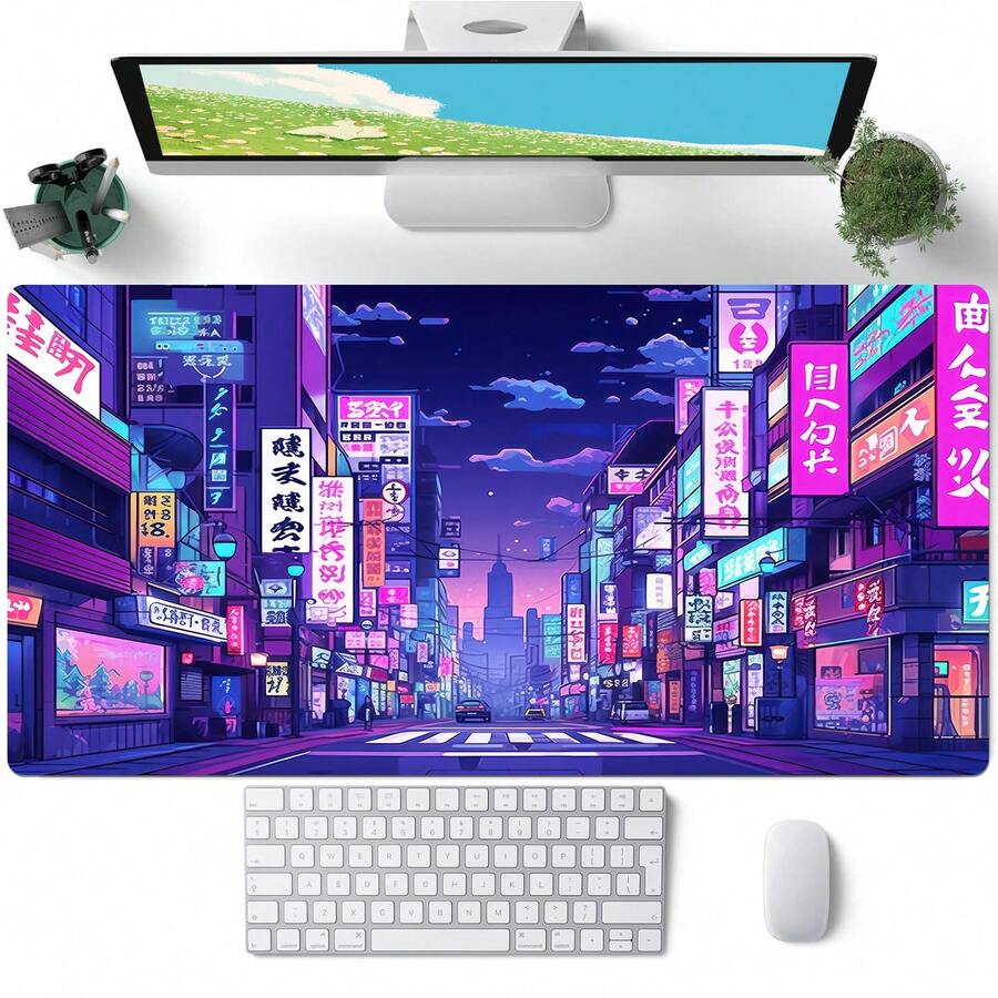 1 Stück Japanische Straßen Schreibtischunterlage - Lebendiges lila Retro Anime Gaming Mauspad, große Gummi Tastatur Maus Schreibtischunterlage, perfekt für Büro, Zuhause und Gaming Setups, Gaming Schreibtisch Zubehör, lebendige Schreibtischunterlagen