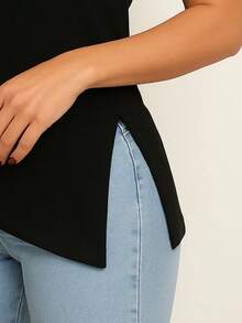 Women's Ribbed Blouse With Asymmetrical Short Sleeves And Slit - Black - View 3