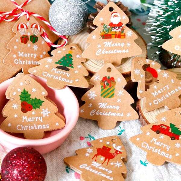 48 piezas/96 piezas Etiquetas de regalo de árbol de Navidad de papel kraft marrón con cuerda, adecuadas para etiquetas de regalo de Navidad y tarjetas de decoración de regalo DIY, decoración de árbol de Navidad (1 etiqueta + 1 cuerda, estilo aleatorio) Decoraciones navideñas Pijamas navideños Regalos de Navidad Decoración navideña