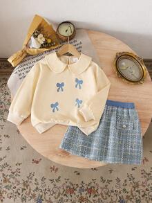 两件套女童时尚可爱圆领蝴蝶印花长袖卫衣和半身裙，柔软针织面料，充满节日气息，优雅休闲半身裙适合上学、聚会、派对、郊游，春夏秋季皆宜。 - 杏色 - 查看 2